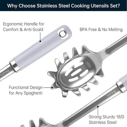 Safring Stainless Steel Soup Ladle and Spaghetti Spoon Set, Heat Resistant Rubber Handle, Dishwasher Safe, Kitchen Utensils for Cooking, Stirring, Serving Pasta, Soup & Sauce (Lavender) - Image 3