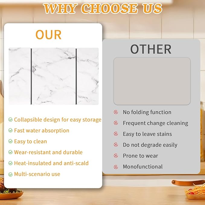 Stone Dish Drying Mat for Kitchen Counter, 24''×15'' Dishes Drying Matt Kitchen Counter, Absorbent Diatomaceous Earth Bath Quick Dry Mats for Tableware, Bottles and Cup (White Marble) - Image 5