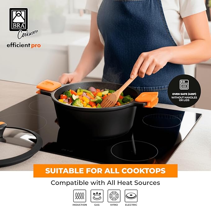 BRA COOKWARE Efficient Pro Nonstick Stock Pot w/Lid | 8 Inch 3.2 Quart Cooking Pot | 3-Layer Scratch Resistant Coating | PFOA Free Deep Pot | All Cooktops | Oven Safe up to 425°F (w/o Lid-Handles)