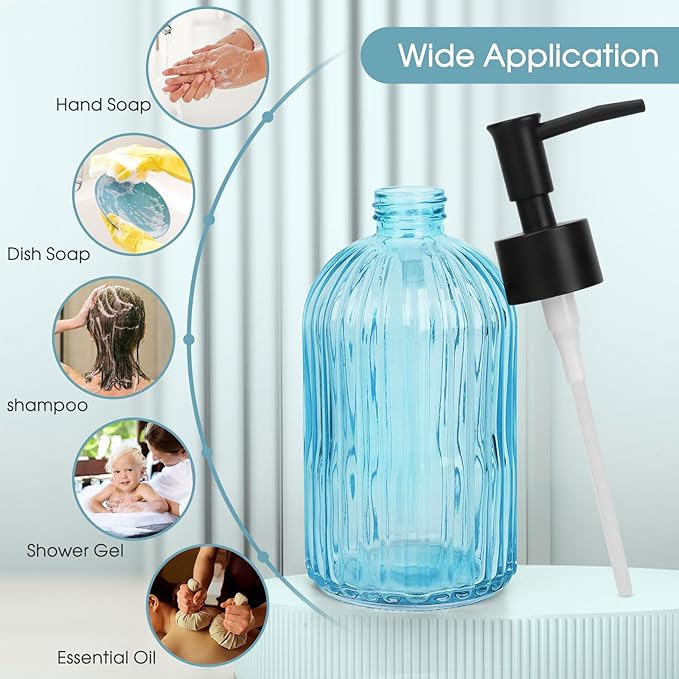 Topsky Stripe Glass Soap Dispenser with Black Plastic Pump, 400ml Liquid Hand Soap Dispenser, Rustproof Pump for Kitchen & Bathroom, Great for Lotions, Essential Oil, Liquid Soaps- (Light Blue) - Image 7