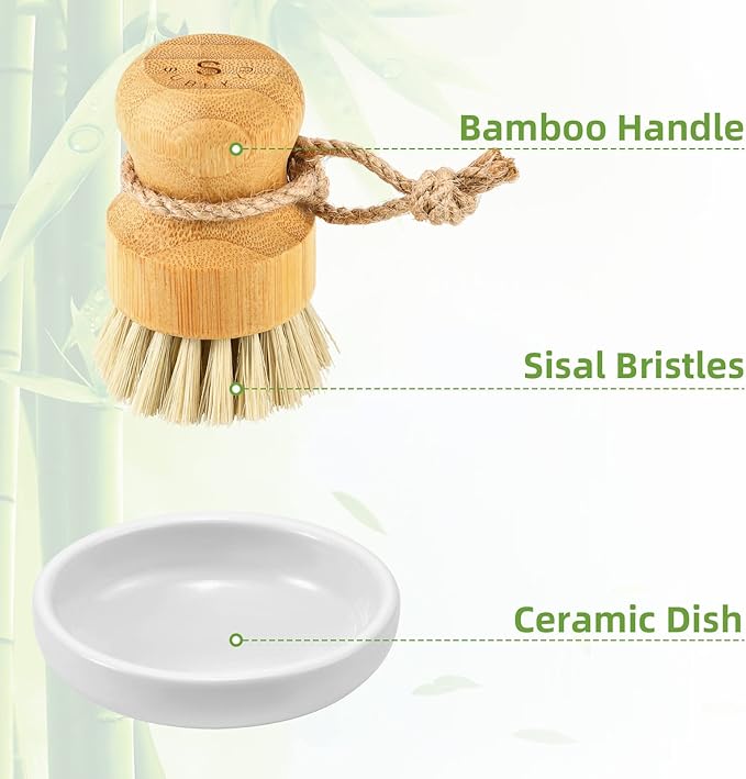 SUBEKYU Bamboo Dish Scrub Brushes, Kitchen Wooden Cleaning Scrubbers Set for Washing Cast Iron Pan/Pot, Natural Sisal Bristles, Set of 2 - Image 5
