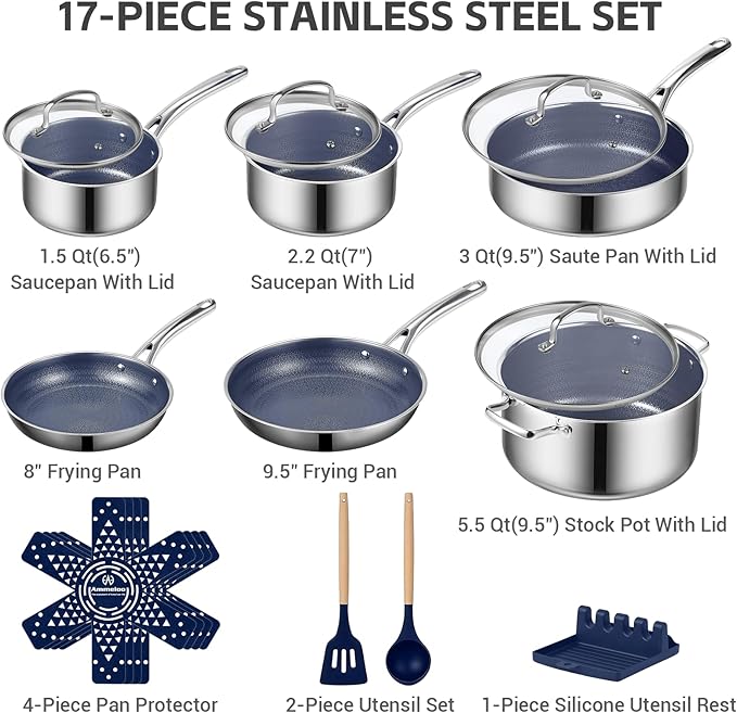 Ammeloo Hybrid Stainless Steel Cookware Set, 17-Piece Tri-Ply Pots and Pans Set Non Stick, Induction Kitchen Cookware Sets, Dishwasher & Oven Safe, PFOA Free, All Cooktops Compatible, Navy Blue - Image 2