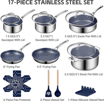 Ammeloo Hybrid Stainless Steel Cookware Set, 17-Piece Tri-Ply Pots and Pans Set Non Stick, Induction Kitchen Cookware Sets, Dishwasher & Oven Safe, PFOA Free, All Cooktops Compatible, Navy Blue - Image 2