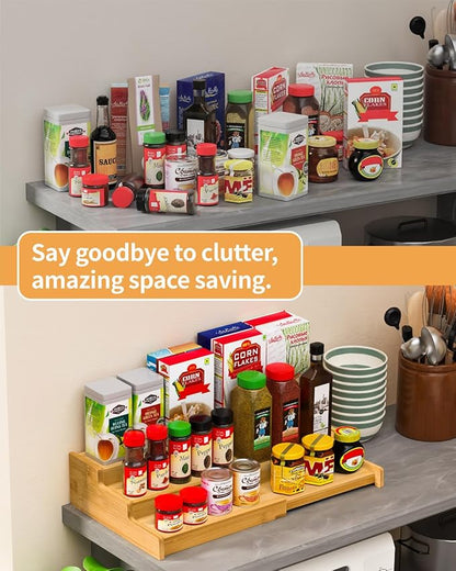 VenDotbi Spice Rack, 3-Tier Expandable Bamboo Spice Rack Organizer for Cabinet - Kitchen, Pantry and Cupboard Storage Organizer - Image 2