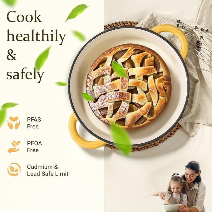 Overmont Enameled Cast Iron Dutch Oven - 5.5QT Pot with Lid Cookbook & Cotton Potholders - Heavy-Duty Cookware for Braising, Stews, Roasting, Sourdough Baking Goose Yellow - Image 2