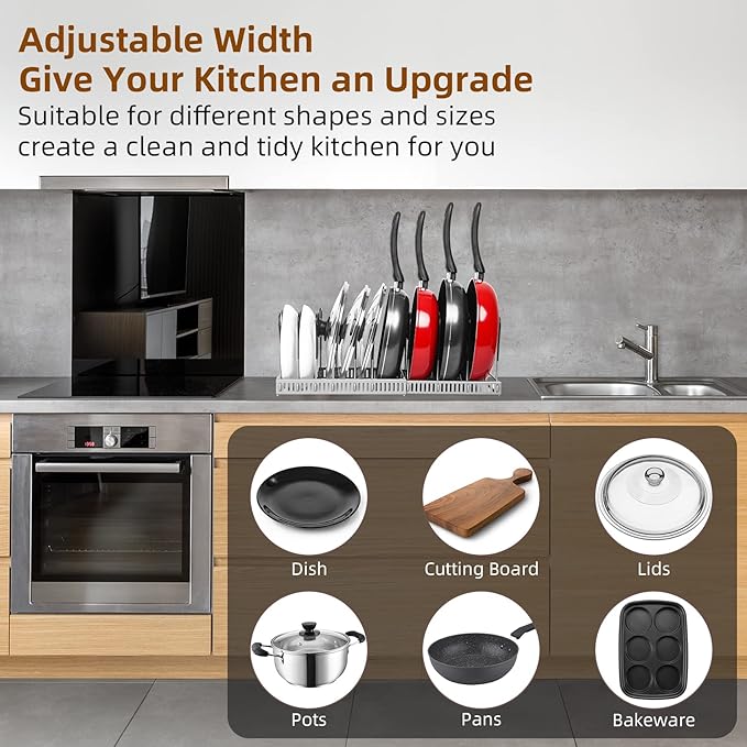 ROOHUA Pot Rack Organizer -Expandable Pot and Pan Organizer for Cabinet,Pot Lid Organizer Holder with 10 Adjustable Compartment for Kitchen Cabinet Cookware Baking Frying Rack Grey - Image 2