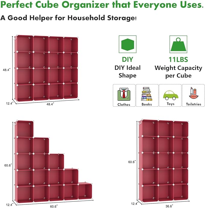 C&AHOME Cube Storage Organizer, 16-Cube Shelves Units, Plastic Storage Cubes, DIY Closet Organizer, Modular Closet Storage Shelves Ideal for Home, Bedroom, 48.4" L × 12.4" W × 48.4" H Red UPCS16R - Image 2