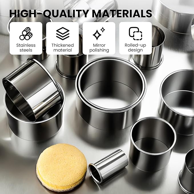 12 Pcs 304 Stainless Steel Biscuit Cutter Set, Round Cookie Cutters for Baking (1/2/3/4/5'') with PP Storage Box, Dough Pastry Cake Circle Cutting Ring Molds, Non-Rust Double Thickness & 2.1‘’ High - Image 3