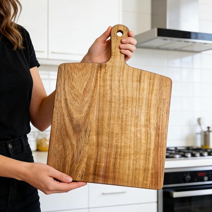 ZeQi Acacia Wood Cutting Board with Handle (15"L x 11"W), Wooden Cutting Boards, Chopping Board, Charcuterie Board, Serving board for Cheese, Bread, Pizza, Vegetables & Fruits - Image 5