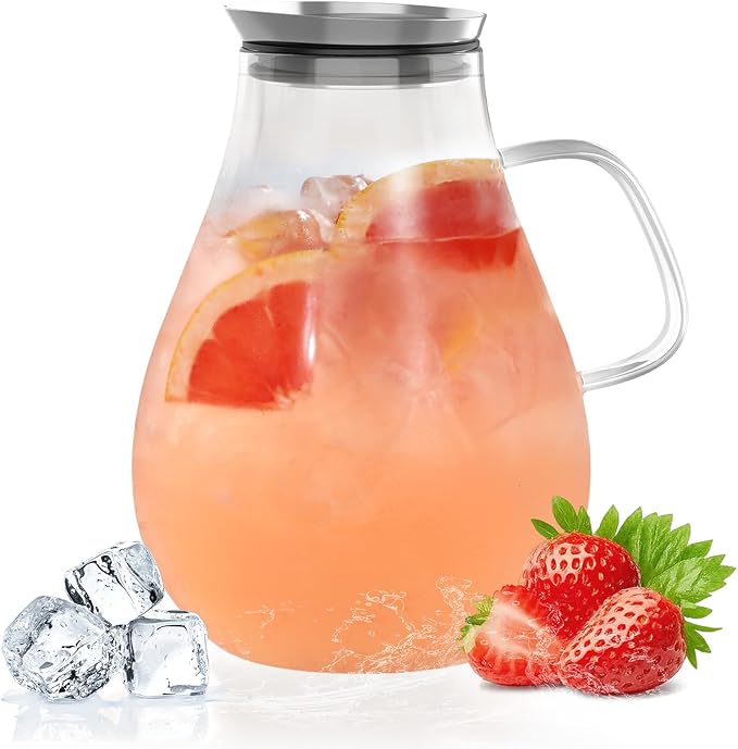 Glass Pitcher With Lid, 2.5 Liter 85 oz Glass Water Pitcher For Fridge, 0.66 Gallon Pitchers With Handle And Lid, Tea Jug Carafe Jar For Hot/Iced Water Milk Juice Coffee Fruit by WARMSIMPLE