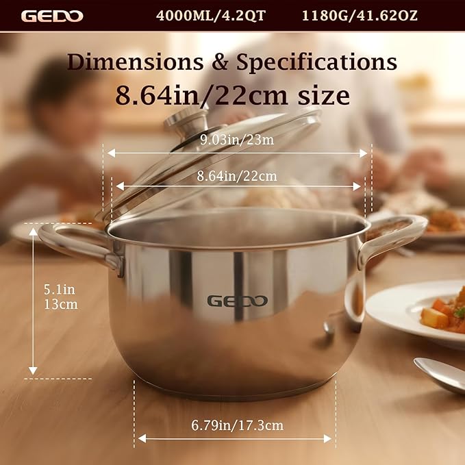 GEDO Stainless Steel Stock Pot with Glass Lid, 304 Grade Premium Soup Pot, Silver, Double Handle, for Kitchen Cooking (8.64in/22cm size) - Image 3