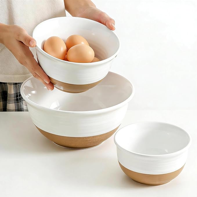 HASENSE Ceramic Mixing Bowls, Large Serving Salad Pasta Bowls Set, 2.1/1.0/0.5 Qt for Entertaining, White Nesting Batter Bowls for Prepping Baking, Dishwasher Microwave Safe, Set of 3 by Hasense