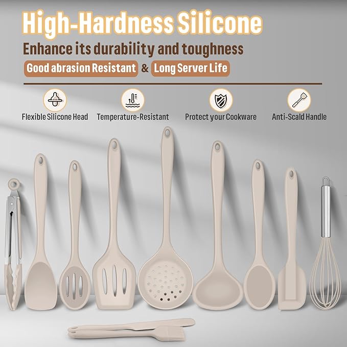 Silicone Kitchen Utensils Set, E-far 23 Pcs Khaki Cooking Utensils Tools with Holder for Nonstick Cookware, Include Spatula/Spoon/Ladle/Tongs/Turner, Heat Resistant & Nontoxic, Dishwasher Safe - Image 5