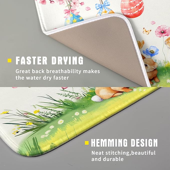 Giwawa Easter Bunny Dish Drying Mat, Spring Rabbits Eggs Hunt Dish Drainer Mats for Kitchen Countertop, Watercolor Floral Absorbent Reversible Dish Drying Pad Decor, 16x18inches, Small