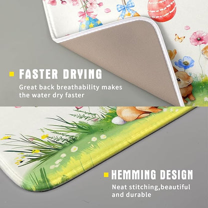 Giwawa Easter Bunny Dish Drying Mat, Spring Rabbits Eggs Hunt Dish Drainer Mats for Kitchen Countertop, Watercolor Floral Absorbent Reversible Dish Drying Pad Decor, 16x18inches, Small