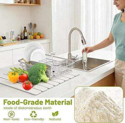 Large Stone Dish Drying Mat for Kitchen Counter, 24"x16" Collapsible Quick Dry Stone Dishes Mats, Water Absorbent Diatomaceous Earth Mats for Bottles Cups Dishes, Match Any Countertop