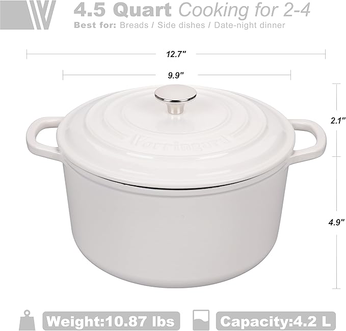 VORRINGARD Enameled Cast Iron Dutch Oven Pot with Lid, for Sourdough Bread Baking, Round Dutch Ovens, 4.5 Quart, White - Image 2
