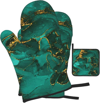 Turquoise Marble Oven Mitts and Pot Holders Sets of 3 Emerald Dark Green Hot Pads Heat Resistant Non Slip Washable for Cooking Grilling Baking BBQ Kitchen Decor - Image 2