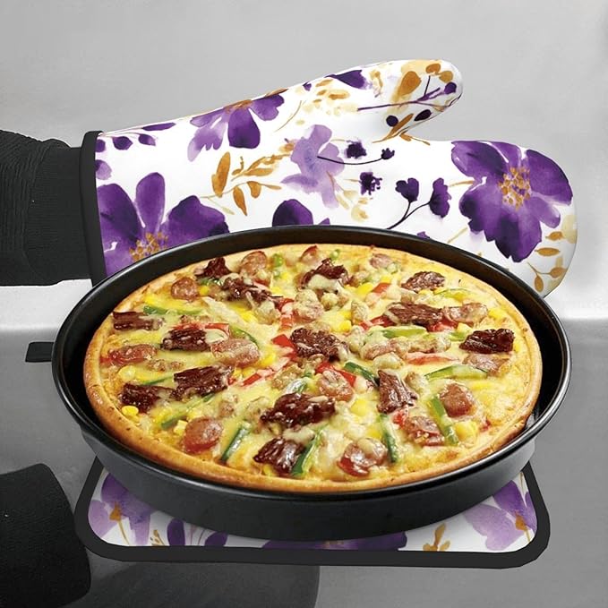 Spring Purple and Gold Floral Oven Mitts and Pot Holders Sets of 3, Non-Slip Heat Resistant Watercolor Flower Design Kitchen Gloves, Gifts for Women Cooking, Elegant Kitchen Decor for Baking Cooking - Image 4