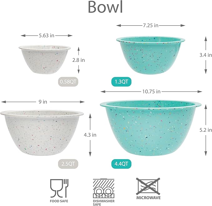 bzyoo Confetti Nesting Mixing Bowls Set - 4-Piece Colorful Kitchen Bowls (18oz, 1.25QT, 2.5QT, 4QT) - BPA-Free, Dishwasher Safe, Space-Saving Design Eggshell Color - Image 7