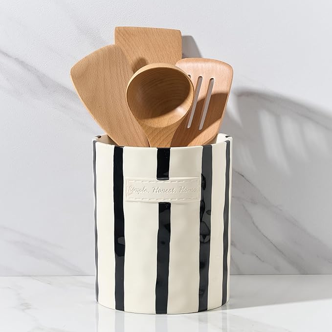 JIEMEI HOME Kitchen Utensil Holder, 7.2" Ceramic Stable Utensil Crock for Countertop, Modern Minimalism Style Cooking Tool Organizer with Cork Mat, Spatula Holder For Kitchen Decor, Black stripes by JHJIEMEIHOME