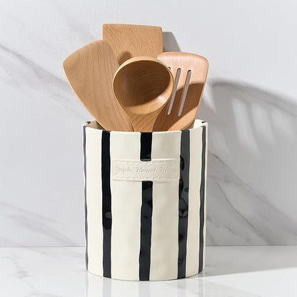 JIEMEI HOME Kitchen Utensil Holder, 7.2" Ceramic Stable Utensil Crock for Countertop, Modern Minimalism Style Cooking Tool Organizer with Cork Mat, Spatula Holder For Kitchen Decor, Black stripes by JHJIEMEIHOME