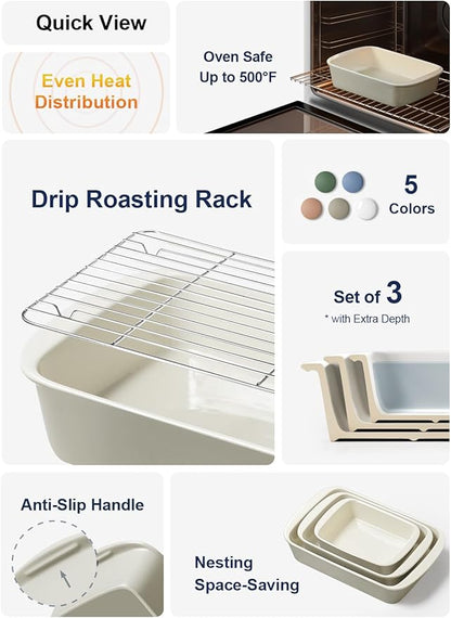 LE TAUCI Deep Casserole Dishes for Oven, 13.7”x9.6” Ceramic Baking Dish Set with Roasting Racks, Large Lasagna Pans with Handles, Rectangular Bakeware as Gift for Mom, Oatmeal Greige (4.6QT/3.0QT/1.6QT), Set of 3 - Image 2
