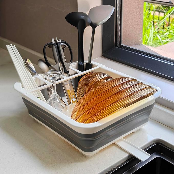 Collapsible Dish Drying Rack, Foldable Dinnerware Drainer Organizer for Storage Kitchen Counter RV Accessories Portable Rack Holders for Dishes Plates and Cups Camping Travelling Space Saver Essential - Image 6