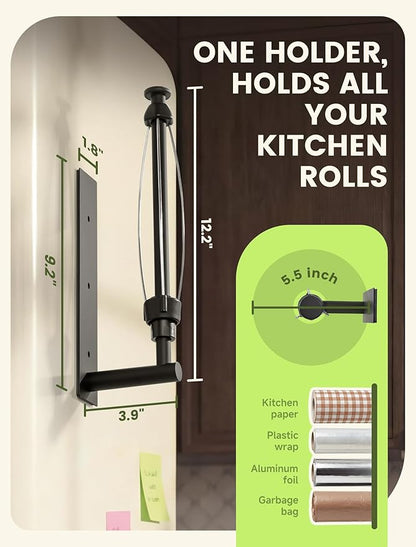 INMAKER Magnetic Paper Towel Holder, Strong Magnet Paper Towel Holder for Fridge, Kitchen, RV, Garage, Grill with Self Adhesive Wall Mount and Screws, One Hand Tear with Adjustable Damping (Black)