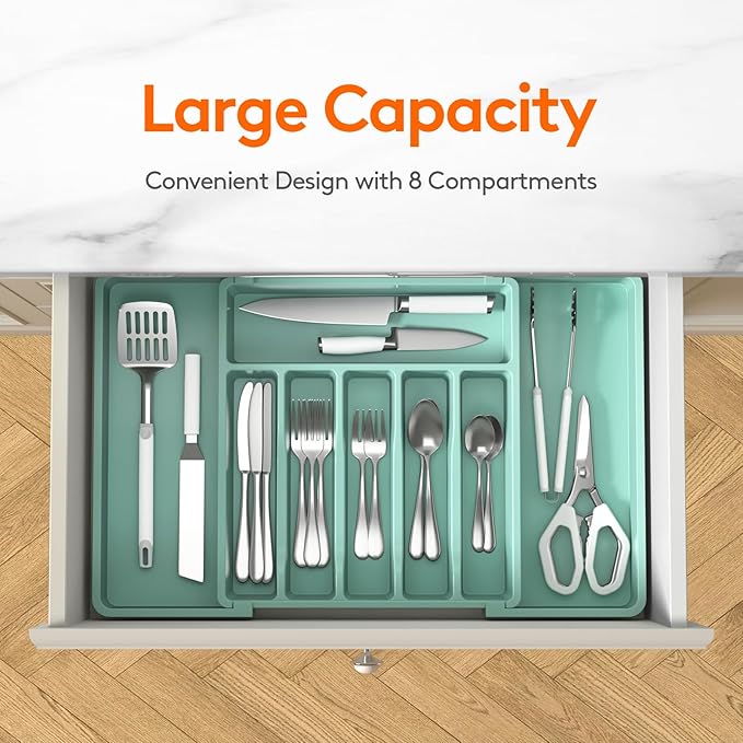 Lifewit Silverware Drawer Organizer, Expandable Utensil Tray for Kitchen, BPA Free Flatware and Cutlery Holder, Adjustable Plastic Storage for Spoons Forks Knives, 13-22 x 15", Turquoise - Image 2
