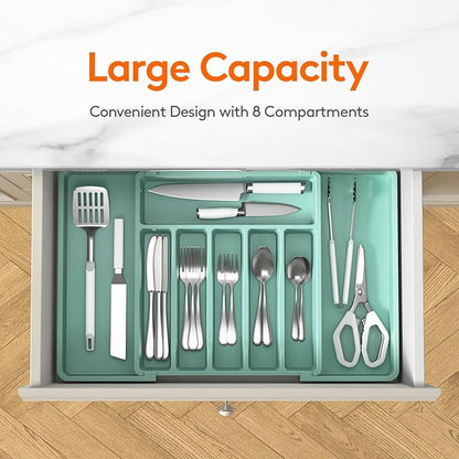 Lifewit Silverware Drawer Organizer, Expandable Utensil Tray for Kitchen, BPA Free Flatware and Cutlery Holder, Adjustable Plastic Storage for Spoons Forks Knives, 13-22 x 15", Turquoise - Image 2