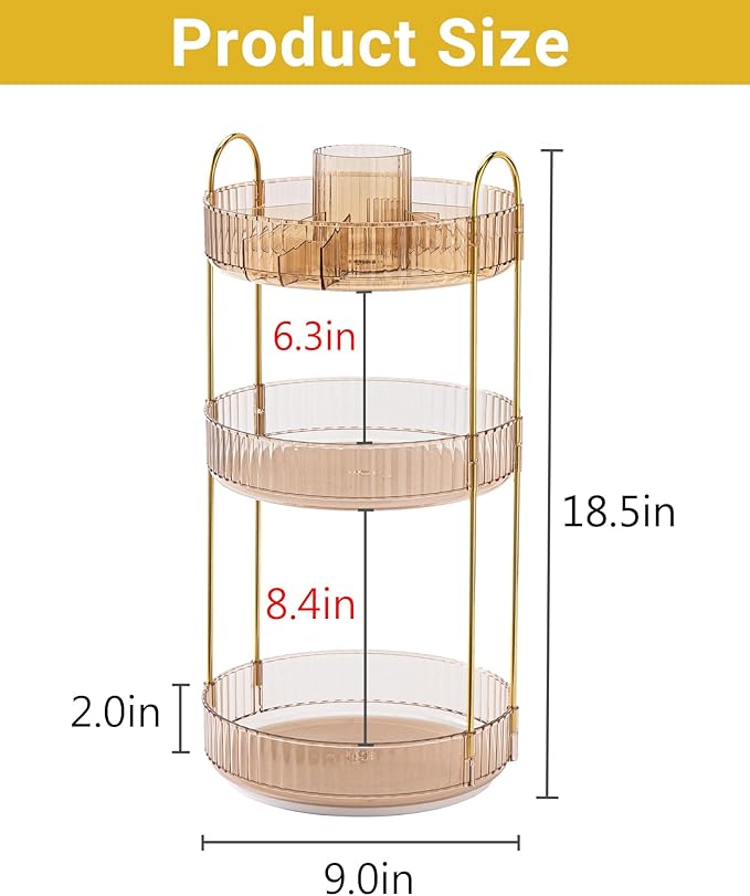 Asayuee 360 Rotating Makeup Organizer,3 Tier Large Capacity Make Up Organizers and Storage,Skincare Perfume Vanity Organizers,Bathroom Cosmetics Storage Organizer Countertop(Gold) - Image 4