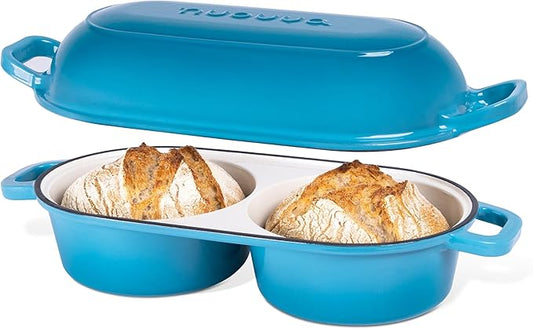 Dutch Oven For Sourdough Bread Baking – Enamelled Cast Iron Bread Loaf Pot – 500°F Oven Safe Non Stick Bread Pot – Double Round Loaf Space, 16.5cm Diameter, Light Blue, – by Nuovva by Nuovva