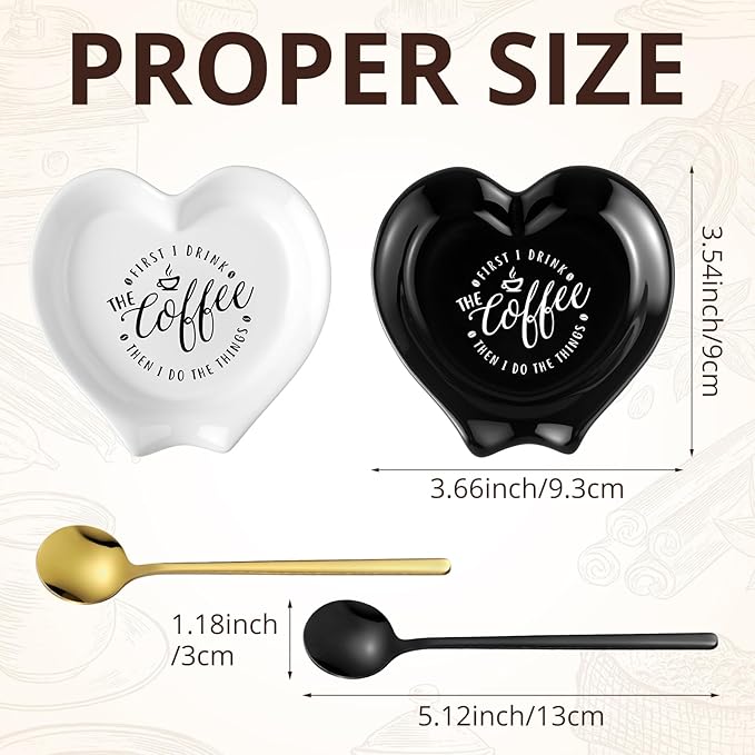 FoldTier 2 Pcs Ceramic Coffee Spoon Rest with Spoon Small Heart Black White Stirrer Holder Bar Station Accessories Decoration Lover Housewarming Gift(Rest But First Coffee) - Image 2