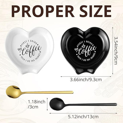 FoldTier 2 Pcs Ceramic Coffee Spoon Rest with Spoon Small Heart Black White Stirrer Holder Bar Station Accessories Decoration Lover Housewarming Gift(Rest But First Coffee) - Image 2