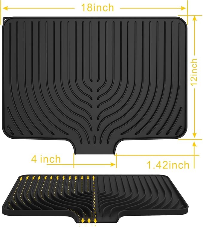 Silicone Dish Drying Mat for Kitchen Counter , Dish Drying Rack Mat with Built in Drain, 18 Inch Drying Mats for Dishes Dry Pad for Kitchen Counter,Not applicable Bumps up sink (18×12inch, black)