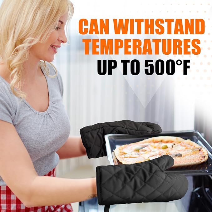 Silicone Oven Mitts, Heat Resistant 2PCS Oven Mitts with Soft Cotton Lining, Waterproof Non-Slip Grip Oven Glove, Kitchen Potholder Mits for BBQ, Baking, Cooking, 10.5Inch - Dark Black - Image 7