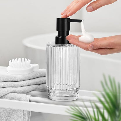 VIMERPA Glass Soap Dispenser with Pump, 11 fl oz Clear Hand Soap Dispensers for Bathroom, Ribbed Style Dish Soap Dispenser for Kitchen, Modern Refillable Liquid Soap Pump Bottle