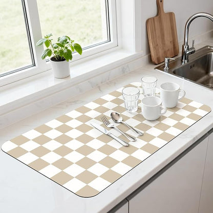 17" x 32" Checkered Dish Drying Mat for Kitchen Counter, Absorbent Coffee Bar Mat for Espresso Machine Coffee Countertops Accessories, Beige by Unknown
