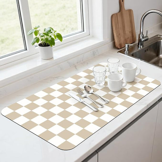 17" x 32" Checkered Dish Drying Mat for Kitchen Counter, Absorbent Coffee Bar Mat for Espresso Machine Coffee Countertops Accessories, Beige by Unknown