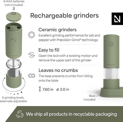 LARS NYSØM Electric Salt and Pepper Grinder Set I Automatic Salt and Pepper Mills with Adjustable Ceramic Grinder I AAA-Battery Operated Electric Spice Mill Set (Sage Green)