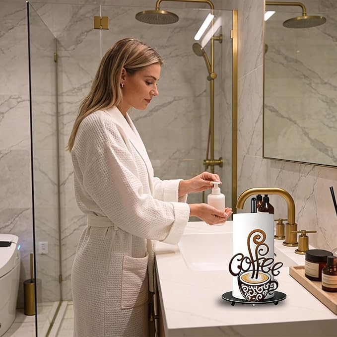 Coffee Themed Paper Towel Holder Countertop - Decorative Metal Paper Roll Stand with 3D Cup & Swirl Design, Weighted Base for Kitchen, Bar, Farmhouse Decor (Coffee)