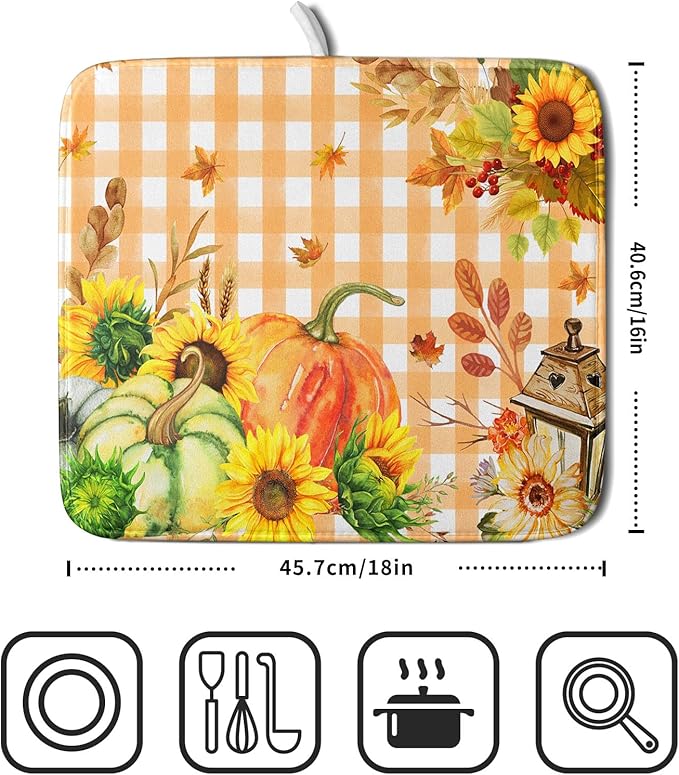 Autumn Maple Leaf Orange White Check Plaids Dish Drying Mat for Kitchen Counter,Fall Sunflower Pumpkin Drying Mat 16 x 18 Inch with Absorbent Reversible Microfiber Dish Drying Pad for Coffee Bar - Image 2