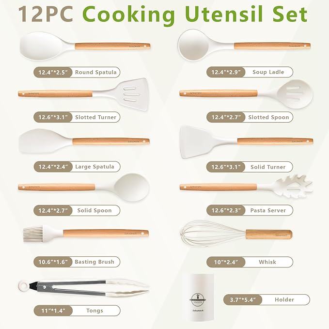 SAKAMOSH Silicone Cooking Utensils Set with Holder, 12 Pcs Heat Resistant Kitchen Utensils Set with Wooden Handle, BPA-free Spatula, Tongs, Spoons Set for Nonstick Cookware, White
