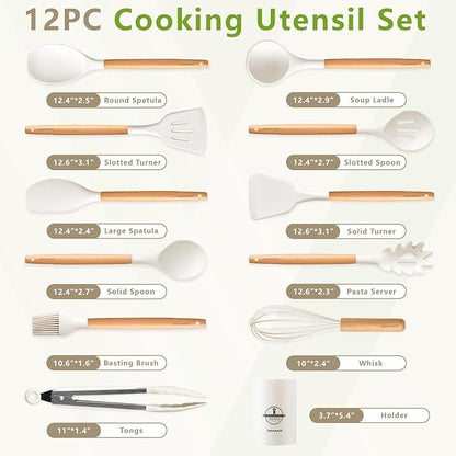 SAKAMOSH Silicone Cooking Utensils Set with Holder, 12 Pcs Heat Resistant Kitchen Utensils Set with Wooden Handle, BPA-free Spatula, Tongs, Spoons Set for Nonstick Cookware, White