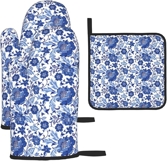 Navy Blue Floral Oven Mitts and Pot Holders Sets, Blue Chinoiserie Kitchen Mitts,Heat Resistant Oven Gloves Potholders for BBQ Baking Cooking Gifts for Baker Women & Housewarming Gifts for Hostress