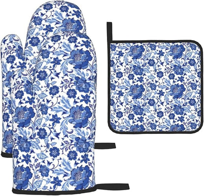 Navy Blue Floral Oven Mitts and Pot Holders Sets, Blue Chinoiserie Kitchen Mitts,Heat Resistant Oven Gloves Potholders for BBQ Baking Cooking Gifts for Baker Women & Housewarming Gifts for Hostress