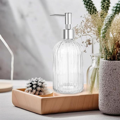 Topsky Stripe Glass Soap Dispenser with Plastic Pump, 400ml Liquid Hand Soap Dispenser, Rustproof Pump for Kitchen & Bathroom, Great for Lotions, Essential Oil, Liquid Soaps,Transparent - Image 5