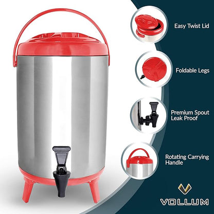 Vollum Stainless Steel Insulated Beverage Dispenser – Insulated Thermal Hot and Cold Coffee Carafe – 8 Liter Drink Dispenser with Spigot for Hot Water, Tea & Coffee, Cold Milk, Juice & More RED