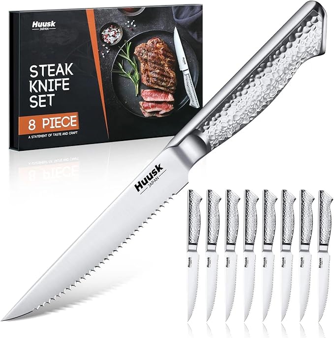 Huusk Japanese Steak Knives Set of 8-4.5" Serrated Steak Knife Set Dishwasher Safe, Stainless Steel Steaks Knives, One-Piece Structure with Anti-slip Handle, Gifts for Men Women